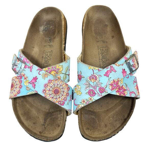 Birkenstock Shoes - Birkenstock Birkis Cross Strap Blue Pink Floral Slide Slip On Sandals Womens 8